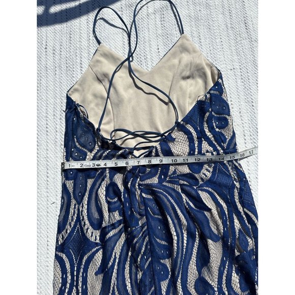 K Jordan Lace Dress Women's Large Navy Blue V-Neck Fringe Hem Spaghetti Strap - Picture 10 of 12